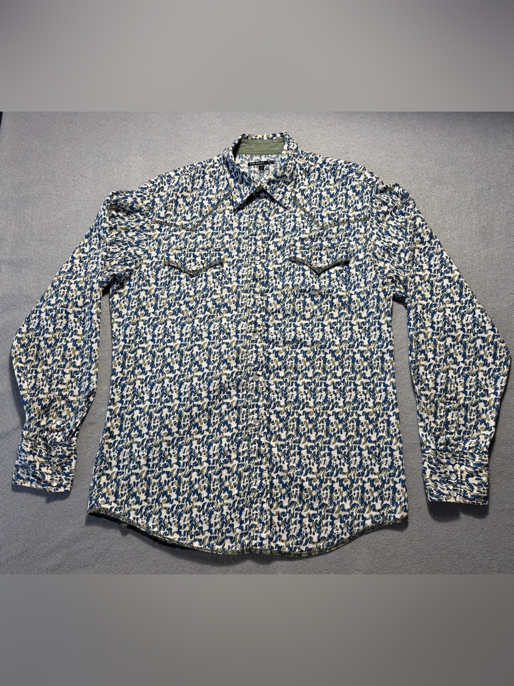 Tin Haul Men L Western Pearl Snap Shirt Blue Olive Camo Print Cotton Cowboy